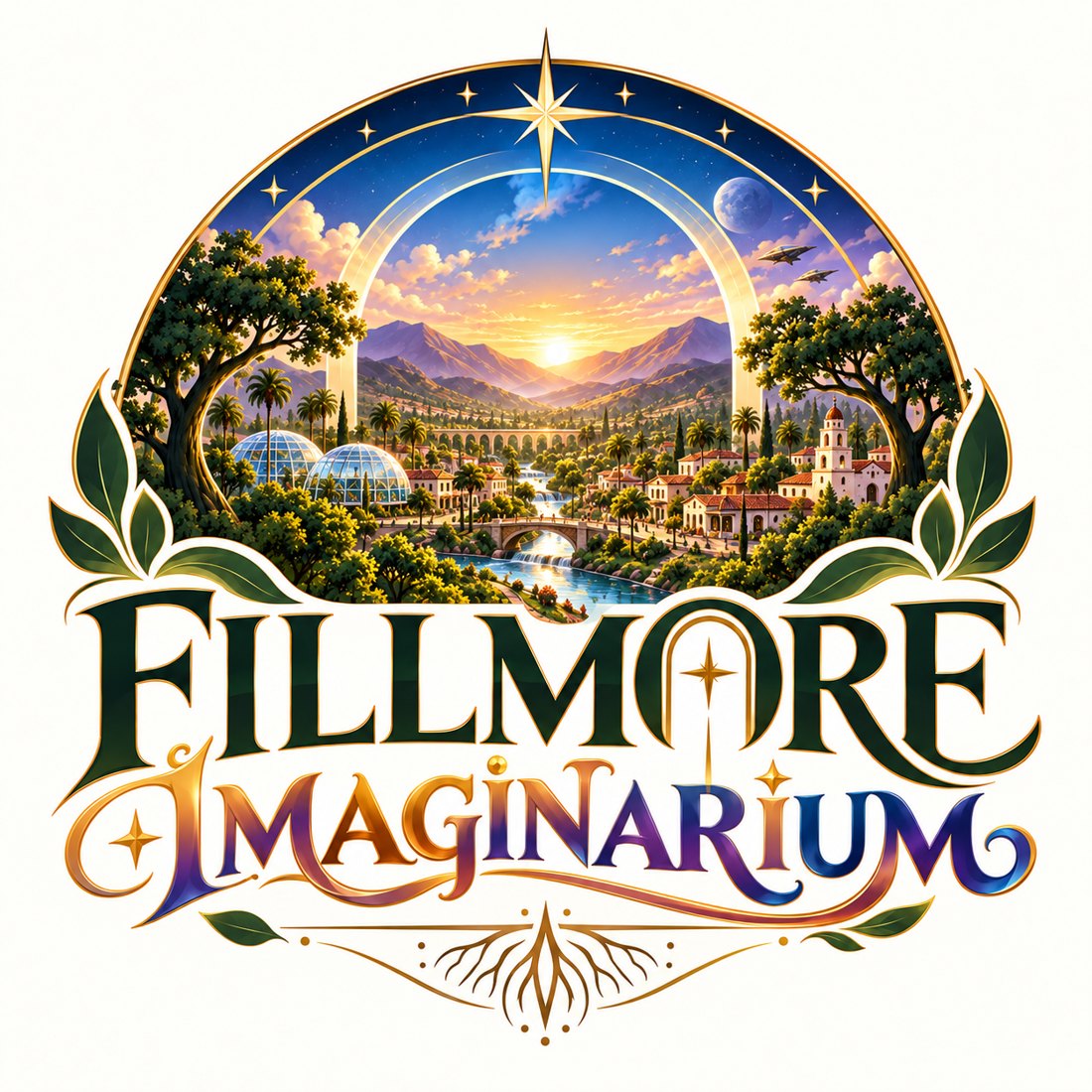 Fillmore Imaginarium crest: a golden star over a valley town with glass domes, an aqueduct and a river